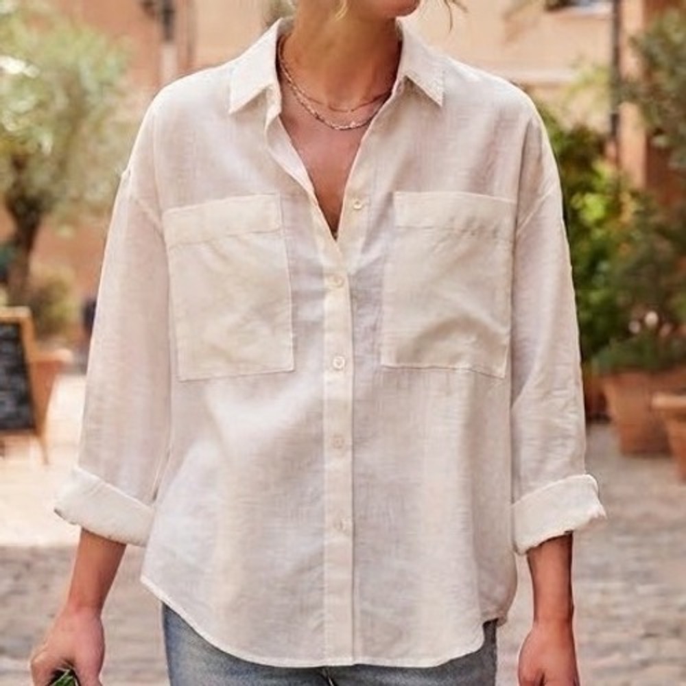 Cynthia Rowley White 100% Linen Button Down Pocket Shirt Womens Medium